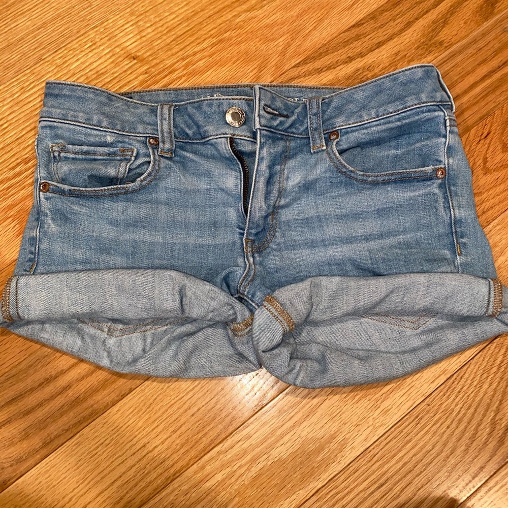 American Eagle midi light wash jean shorts